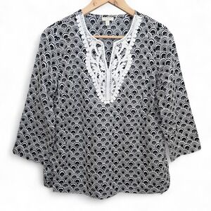 Talbots Top Womens Small Black V‎ Neck Semi Sheer Blouse Crochet Accent Blouse